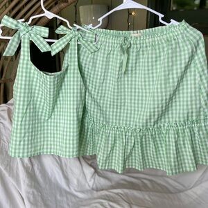 Gianni Bini Light Green Gingham Tie-Shoulder Crop Top & Ruffle Skirt Set